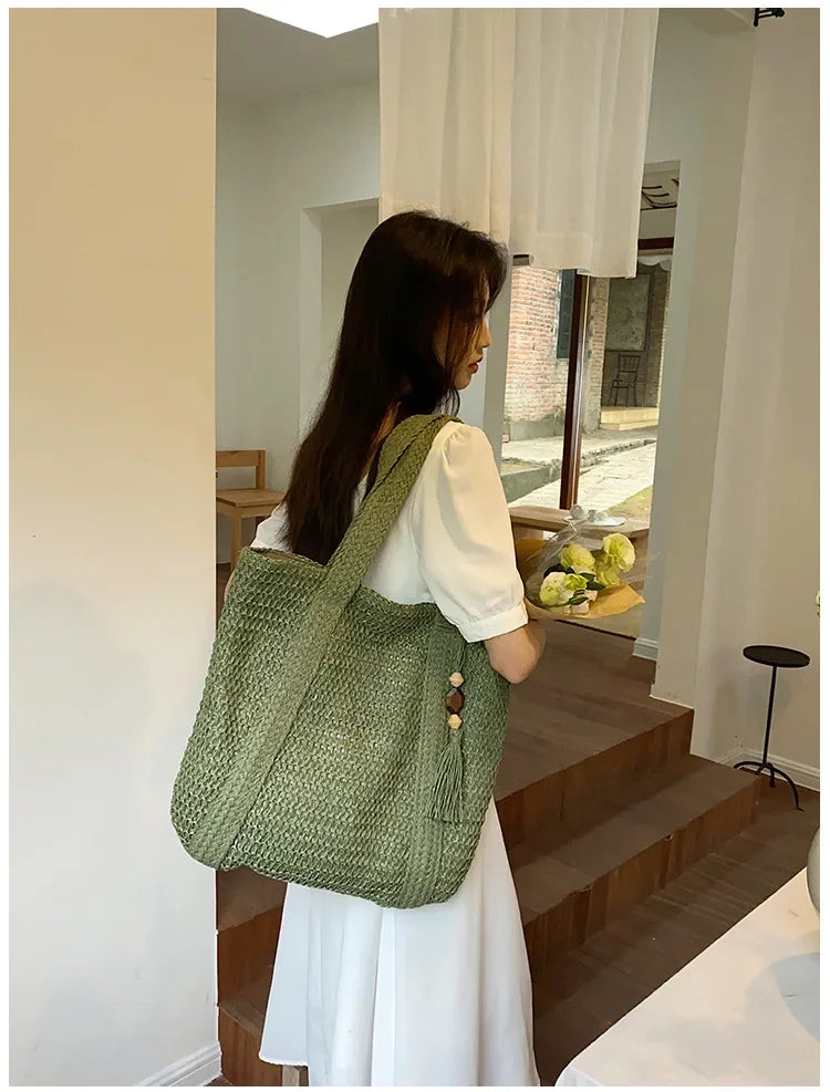 Elegant Straw Woven Handbag – Women’s Retro Beach & Casual Tote Top-Handle Shoulder Bag 2024