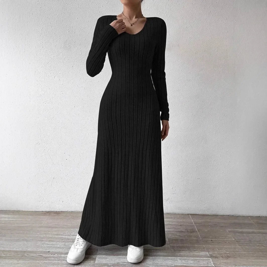 Knitted Long Sleeve A-Line Dress - Women's Slim Fit Solid Color Streetwear Maxi Dress with Elegant Silhouette