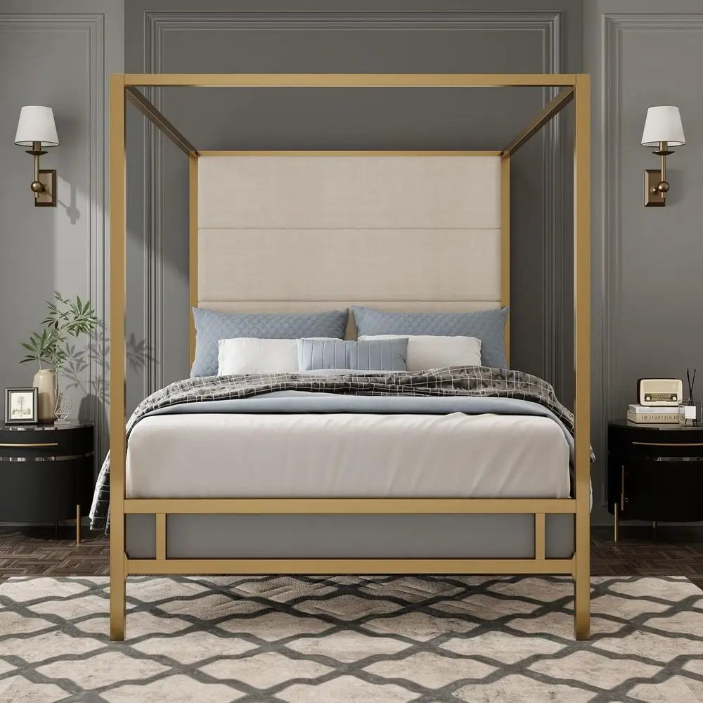 Modern King Size Canopy Bed Frame - Tall Linen Upholstered Headboard Metal 4-Poster Bed with Gold & Tan Design