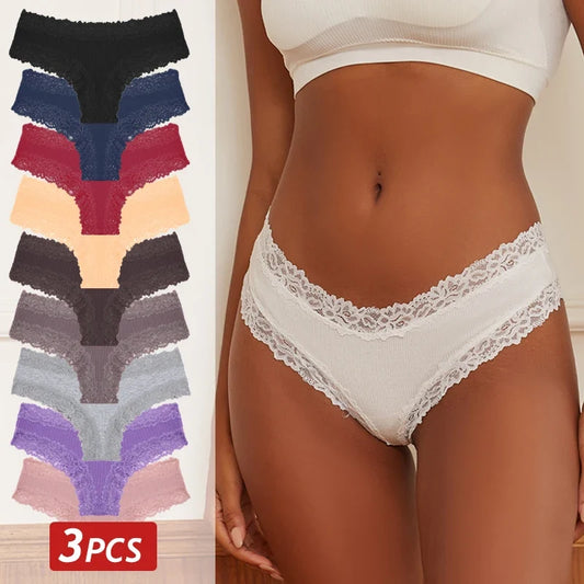 3PCS Women’s Cotton Lace Panties Set - Low Waist Brazilian Bikini Underwear Soft Floral Lingerie T-Back Style