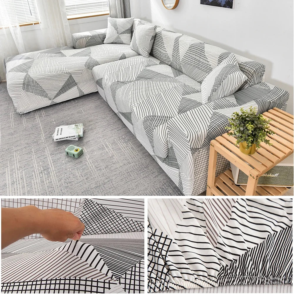 Stretch Sofa Cover - Printed Elastic Slipcover for L-Shaped Corner Couch, Living Room 1/2/3/4 Seat Protector
