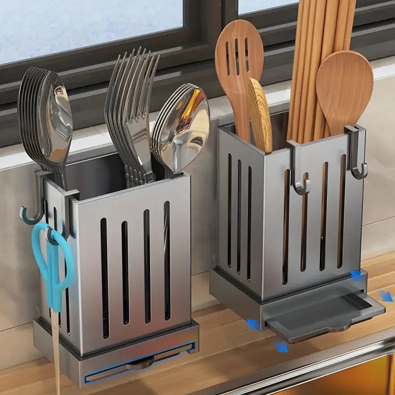 1 Piece Kitchen Chopsticks Holder - Multifunctional Wall-Mounted Utensil Drying Rack with Hooks, No Drilling Required, for Spoons and Forks