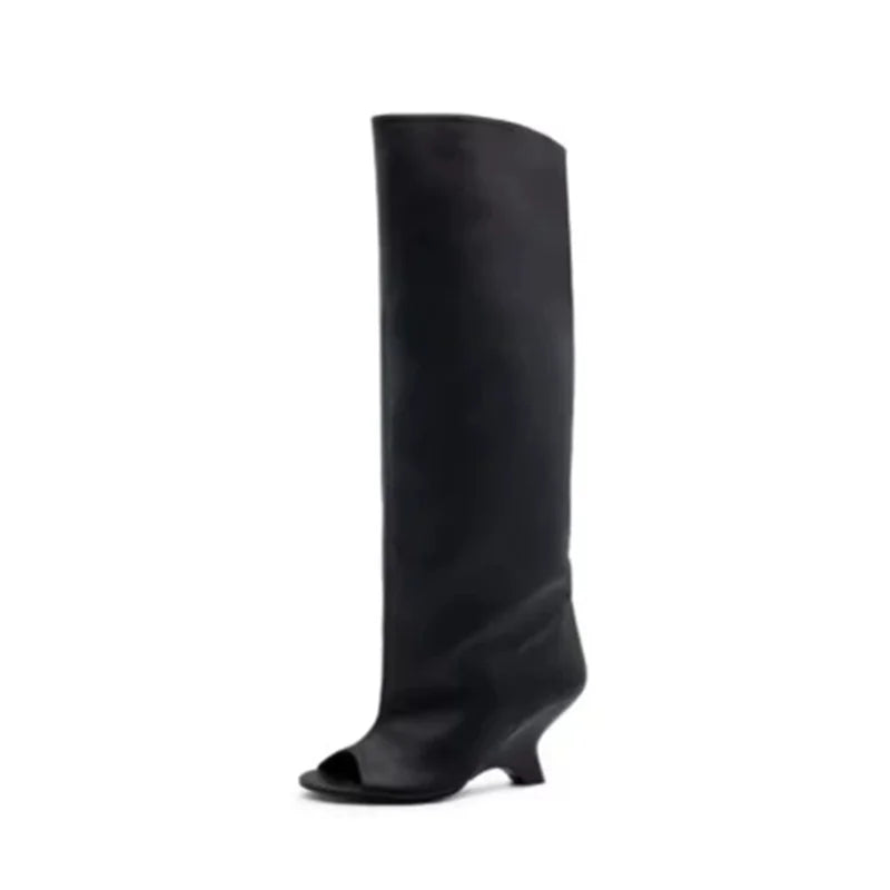 Women’s Knee-High Suede Boots - Peep Toe Wedge Heels for Party, Wedding & Versatile Style