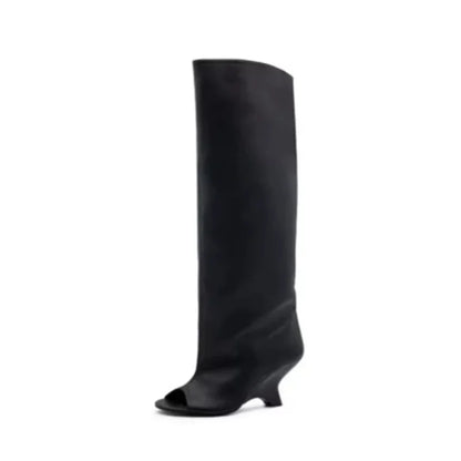 Women’s Knee-High Suede Boots - Peep Toe Wedge Heels for Party, Wedding & Versatile Style