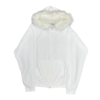 Casual Y2K Zip-Up Hoodie – Faux Fur Collar Harajuku Streetwear Rock Goth Punk EMO Sweatshirt Jacket