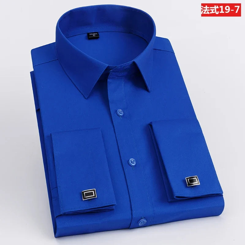 Men’s French Cuff Dress Shirt - Slim Fit Solid Color Long Sleeve Formal Business Shirt