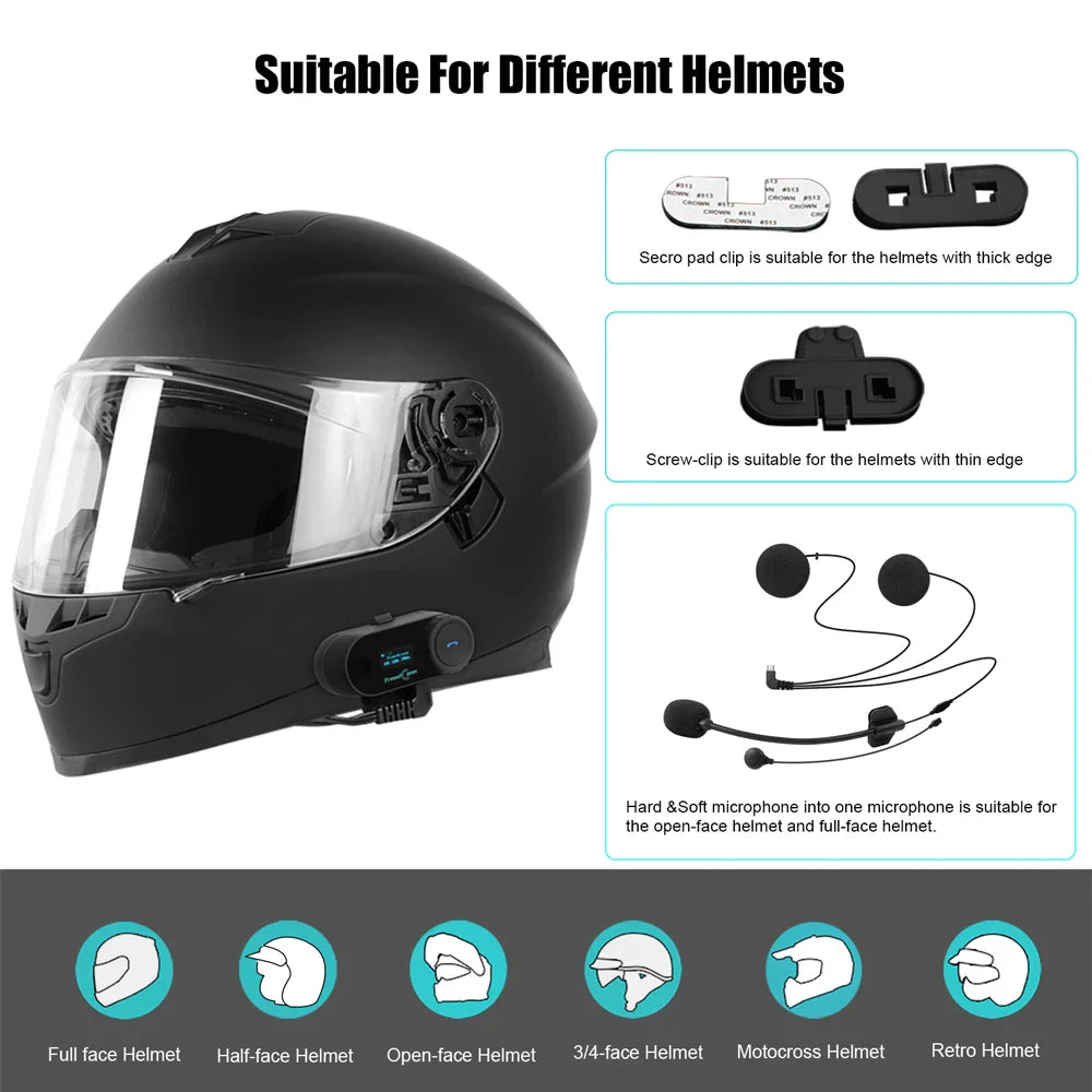 Freedconn T Com SC Bluetooth Motorcycle Intercom – Helmet Headset, Wireless Communication, BT 5.0, Music Share, 6 Riders, FM