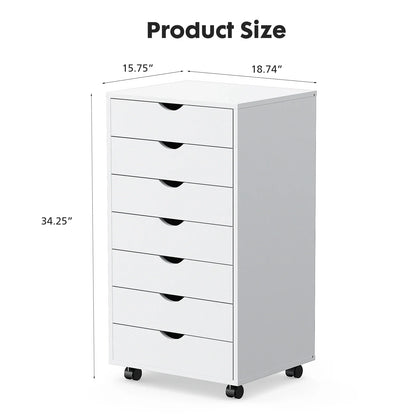 7-Drawer Wooden Chest Dresser – Mobile Nightstand Storage Cabinet with Wheels for Office & Living Room Organizer