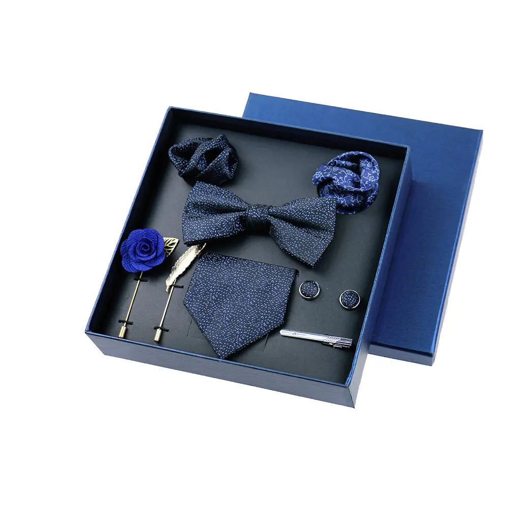 Men’s Luxury Silk Tie Set - 8cm Wedding Necktie with Bowtie, Pocket Square, Cufflinks & Floral Gift Box Accessories