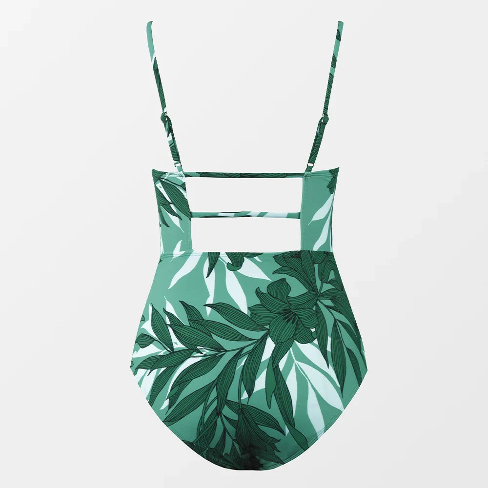 CUPSHE Leaf Print Square Neck One-Piece Swimsuit for Women – Sexy Backless Shirred Monokini Swimwear 2023 Beach Bathing Suit
