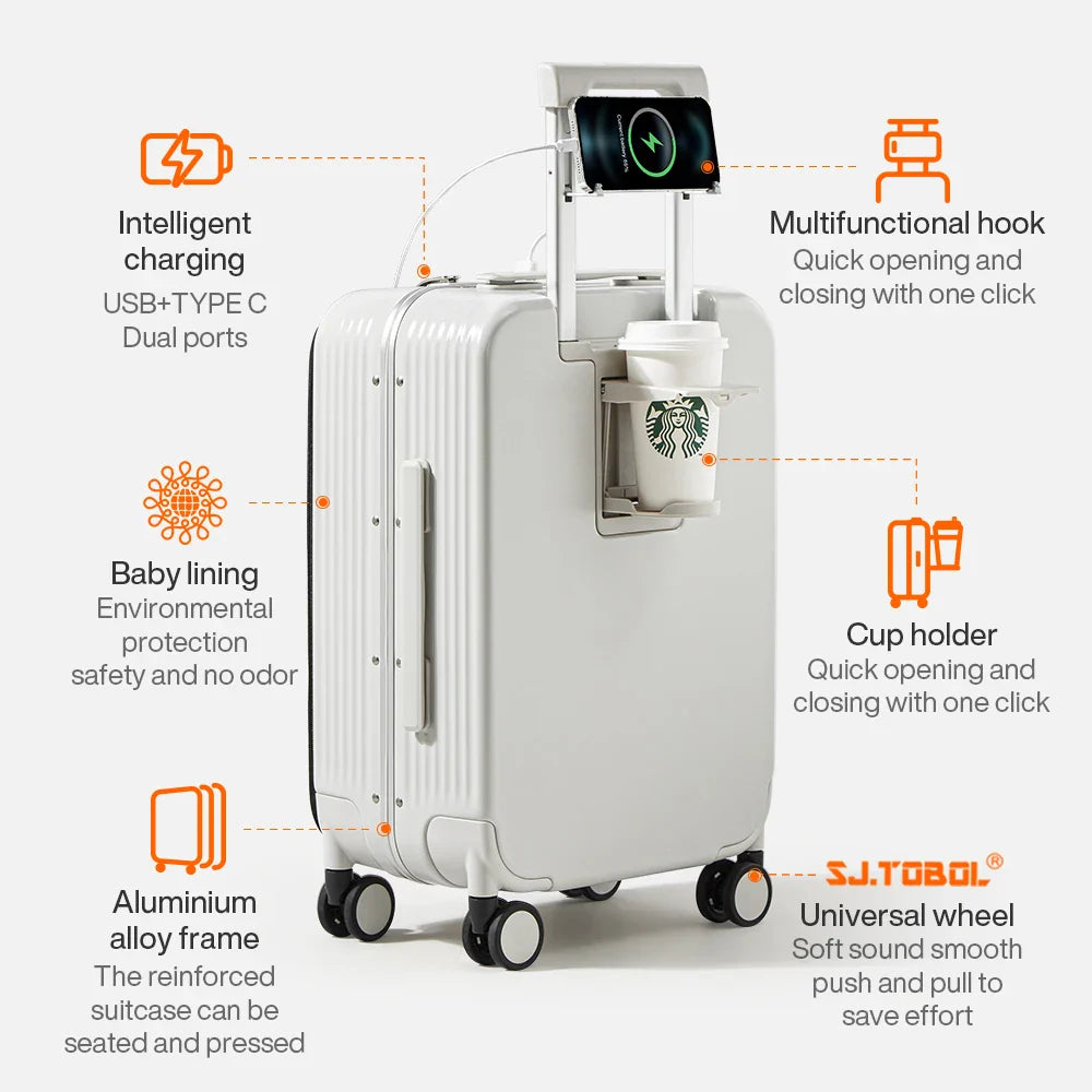 Mixi Aluminum Frame Carry-On Suitcase – 20"/24" Rolling Luggage with USB Port, Cup & Phone Holder