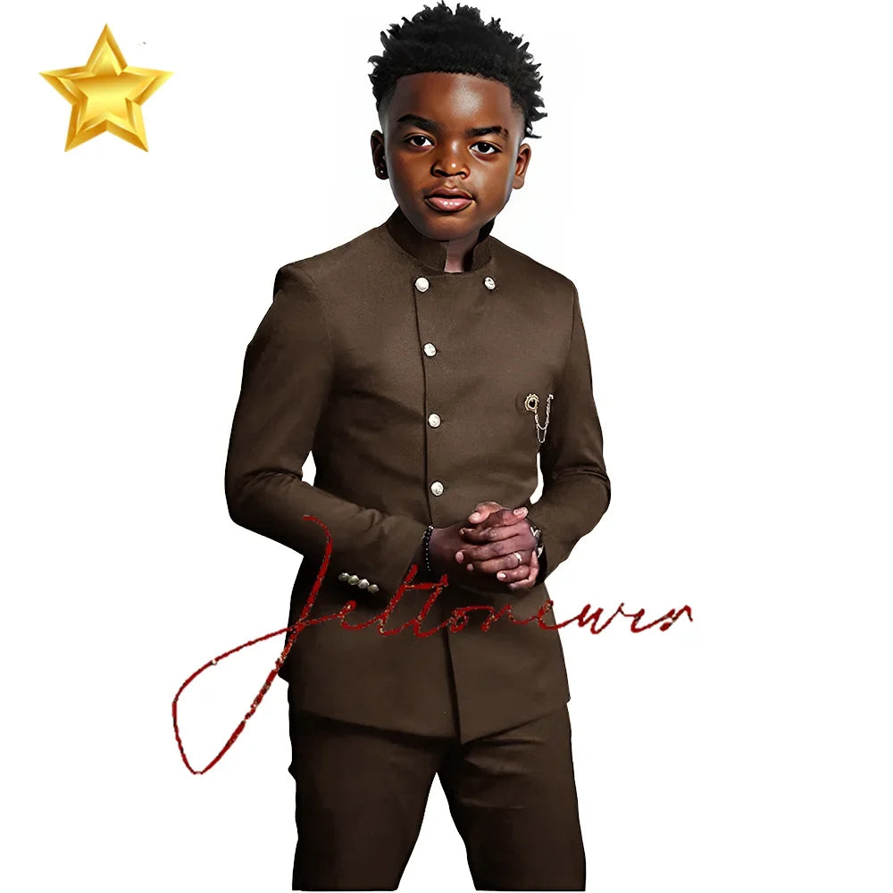 African Style Boys Suit - Stand Collar Blazer and Pants 2 Piece Casual Business Kids Formal Wear
