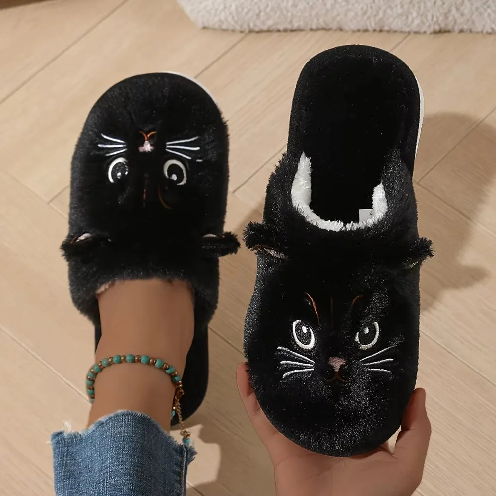 Women’s Plush Cat Slippers - Winter Warm Cozy Indoor House Shoes with Soft Non-Slip EVA Sole