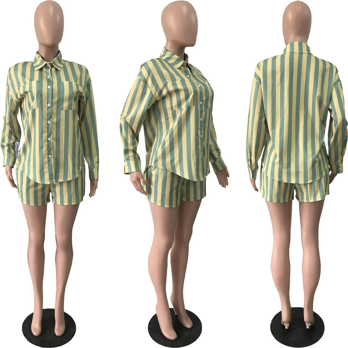 2025 Women’s Casual Striped Shorts & Long Sleeve Shirt Set – Spring Summer Office & Vacation Outfit