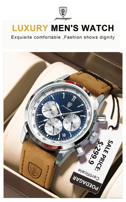 POEDAGAR Men's Luxury Sports Watch – Genuine Leather, Chronograph, Waterproof, Luminous Quartz Wristwatch