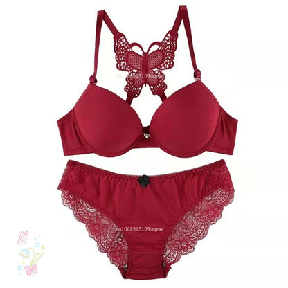 Women Butterfly Front Buckle Bra & Brief Set – Detachable Double Strap Sexy Sheer Lingerie Romantic Underwear Set