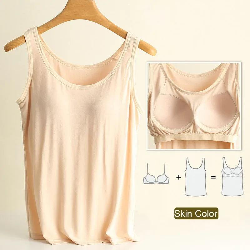 Women’s Modal Plus Size Tank Top - Soft Built-In Chest Pad Camisole with Comfortable Integrated Wear-Free Support