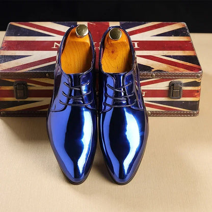Fashion Patent Leather Men’s Wedding Oxfords - Designer Pointed Toe Dress Shoes Gold Blue Red White Sizes 37-48