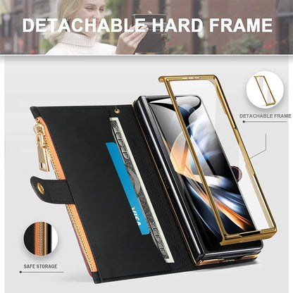 Leather Card Wallet Case with S Pen Slot for Samsung Galaxy Z Fold 6/5/4/3/2 — Multifunctional Zipper Protection Cover