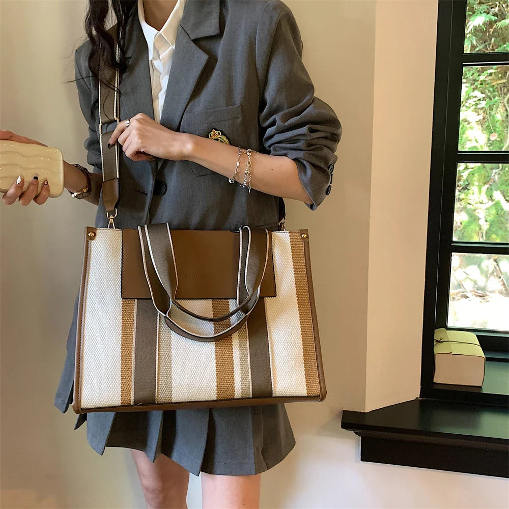 MOODS Quality Canvas Tote Bag for Women 2023 – Luxury Designer Handbag, Contrast Color Striped, Big Shoulder Crossbody Shopper Totes