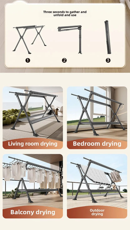 Floor-to-Ceiling Aluminum Drying Rack — Foldable Outdoor & Indoor Clothes Organizer for Kids' Clothing