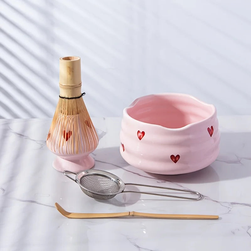 5PCS Pink Heart Matcha Set - Ceramic Tea Bowl with Bamboo Whisk, Scoop, Sifter & Holder