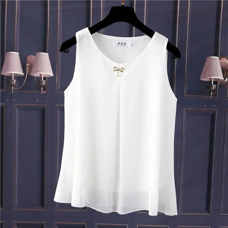 Women's Chiffon V Neck Blouse - Loose Sleeveless Plus Size Fashion Top M-5XL