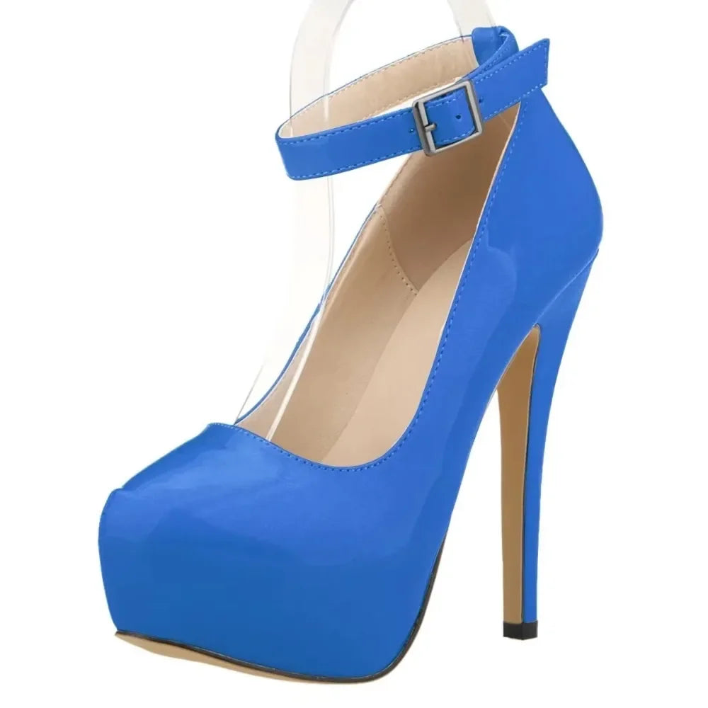 Women’s Patent Leather Stiletto Pumps – 14cm High Heels with Buckle Ankle Strap, Sexy Wedding & Fashion Shoes, Size 44