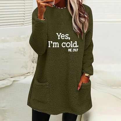 Women's Oversized Fleece Sweatshirt - Letter Print Pocket Long Sleeve Cozy Pullover