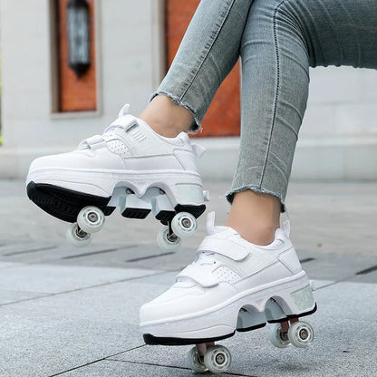 Dual Purpose Roller Skates Shoes - Adjustable Double Row 4-Wheel Deformation Roller Sneakers for Kids & Teens Size 33-44