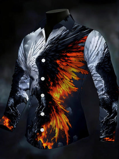 Men’s Geometric Diamond Wings Shirt - Orange Bottom Printed Long Sleeve Satin Collar Dress Shirt