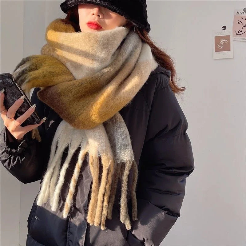 2025 Women's Winter Thick Cashmere Scarf – Warm Pashmina Shawl with Rainbow Tassels & Wraps
