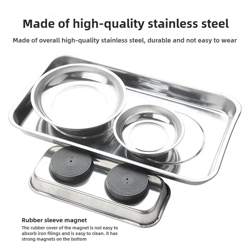 Magnetic Stainless Steel Parts Tray - Round & Square Bowl Organizer for Screws, Nuts, Bolts and Small Parts Storage