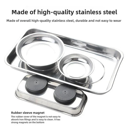 Magnetic Stainless Steel Parts Tray - Round & Square Bowl Organizer for Screws, Nuts, Bolts and Small Parts Storage