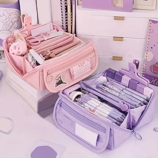 Large Capacity Pencil Case Organizer - Multi Compartment School & Office Supply Storage Bag in Pink Purple Black