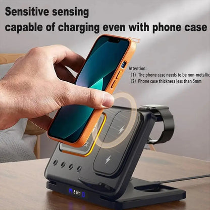 5-in-1 Foldable Wireless Charger Station - LED Digital Alarm Clock Fast Charging Dock for iPhone 15/14 & iWatch 8