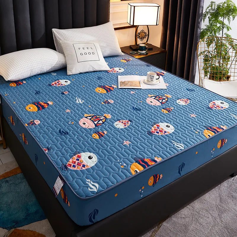 Waterproof Mattress Protector - Soft Breathable Fitted Bed Cover with Washable Printed Bedding Protection