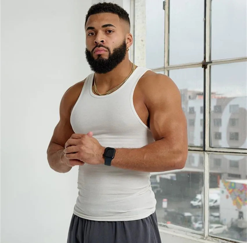Men's 2026 Ice Silk Ribbed Vest - Slim Fit Sleeveless Fitness Sports Leisure Tank Top Solid Color Shirt