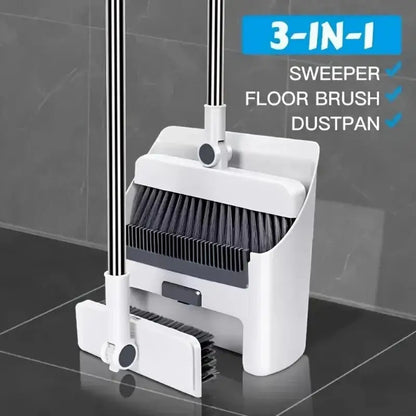 3-in-1 Folding Broom & Dustpan Set - Multi-Surface Floor Cleaning Brush with Strong Bristles
