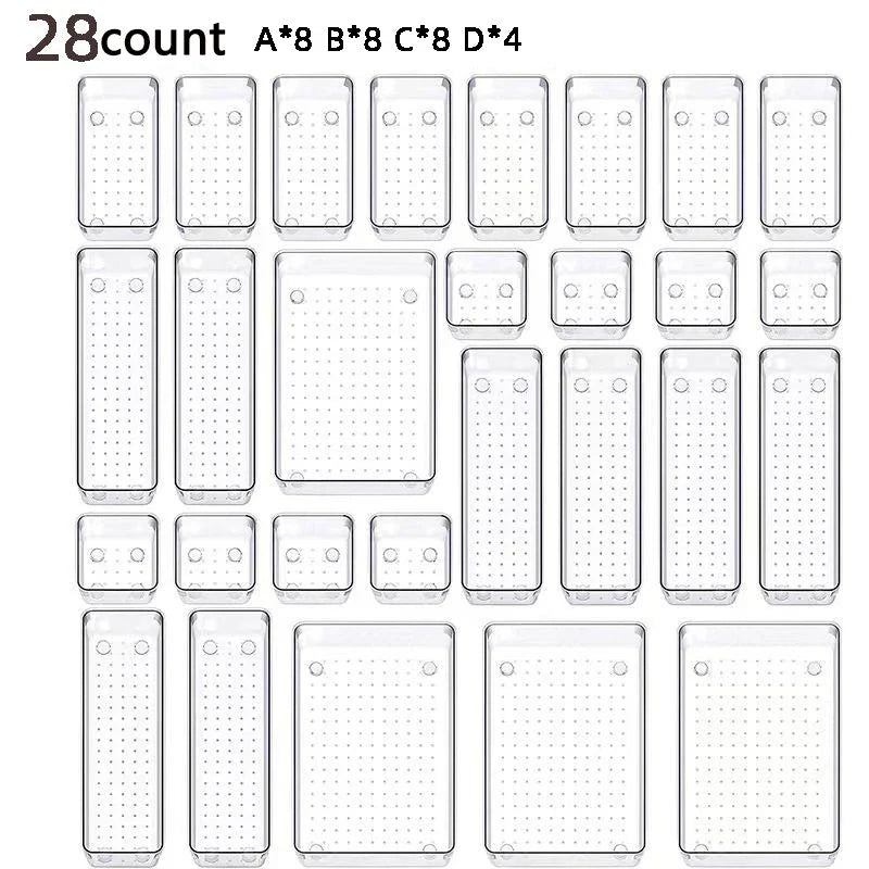 28PCS Clear Drawer Organizer Set - Multi-Size Storage Trays for Bathroom Vanity Kitchen & Bedroom