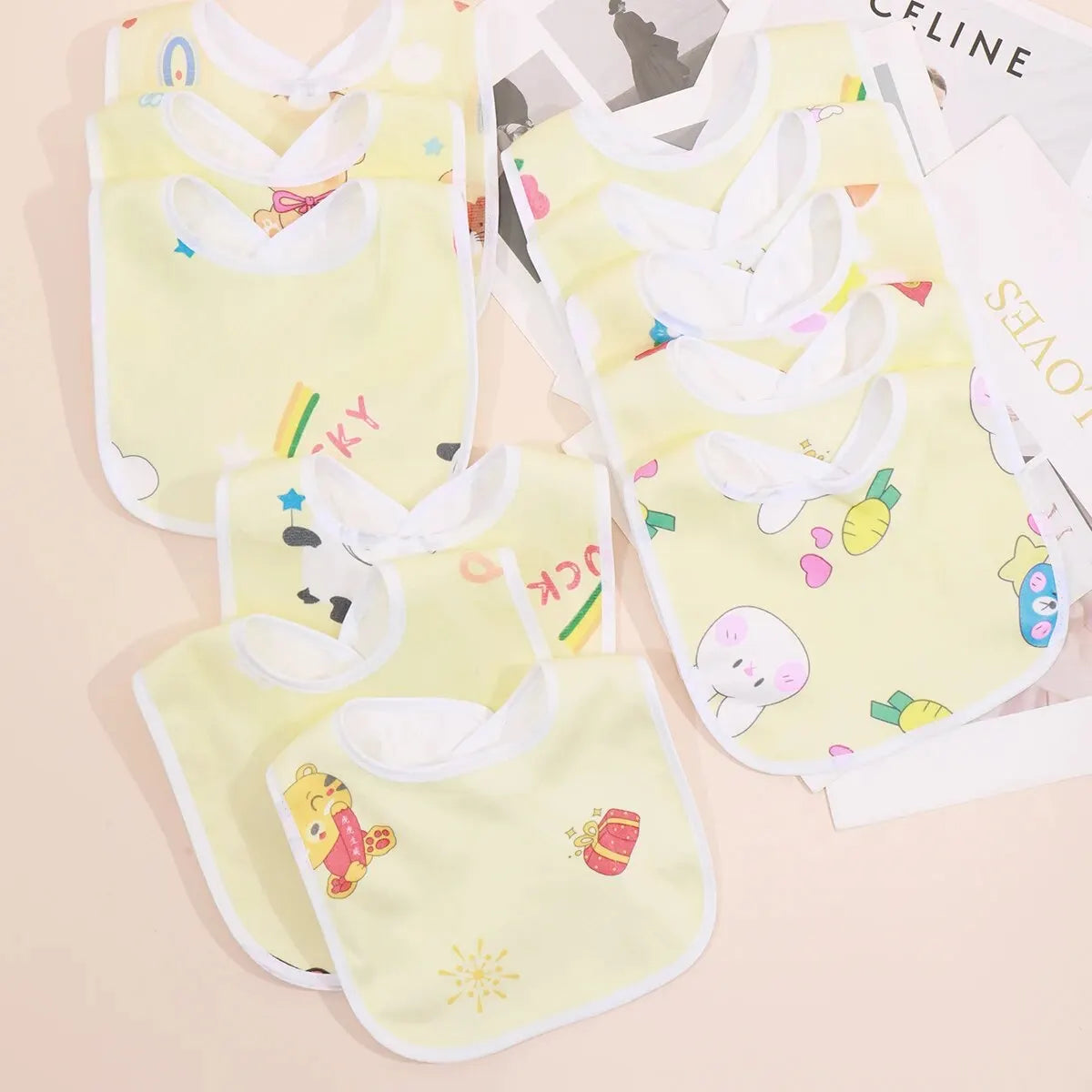 5PCS Baby Cartoon Snap Bibs - Super Soft Waterproof Crystal Velvet Newborn Feeding & Saliva Towels