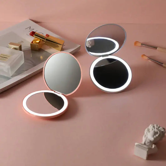 Personalized LED Makeup Mirror - Small Folding Double-Sided Compact Pocket Mirror for Women, Pink & White