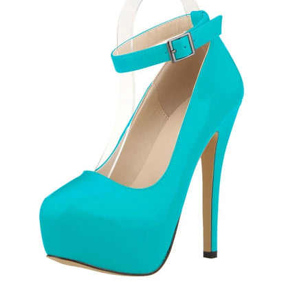 Women’s Patent Leather Stiletto Pumps – 14cm High Heels with Buckle Ankle Strap, Sexy Wedding & Fashion Shoes, Size 44