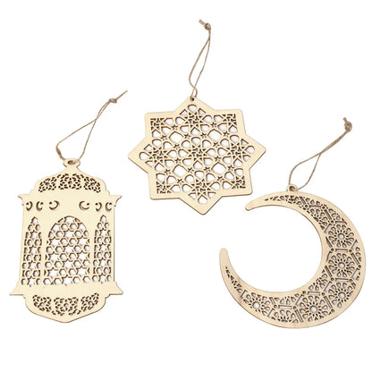 3Pcs Eid Mubarak Wooden Hanging Star Moon Pendants - DIY Ornament for Ramadan Kareem Home Decor and Gifts
