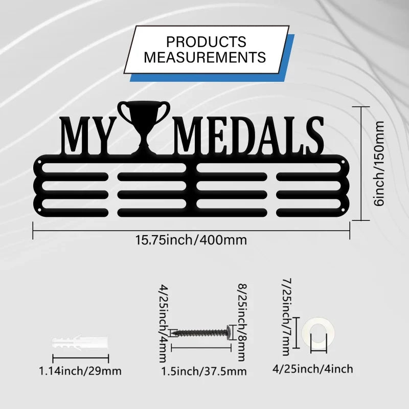 Cycling Medal Display Rack - Wall Mounted 12 Hook Holder Frame for 60+ Medals with 3 Row Storage Shelf