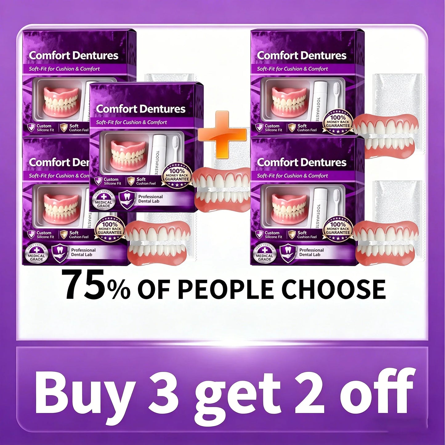 Full Set Natural Dentures - Upper & Lower Silicone Fake Teeth for Instant Smile & Oral Care