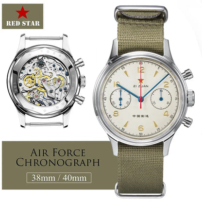 RED STAR 38mm Men's 1963 Chronograph Mechanical Watch – Pilot Air Force Aviation with Seagull ST1901 Movement & Sapphire Glass