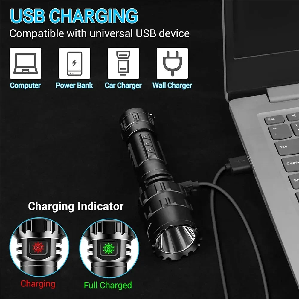 LED Tactical Hunting Flashlight - USB Rechargeable, Waterproof Torch Lamp, Professional Shooting & Night Scout Lights Set