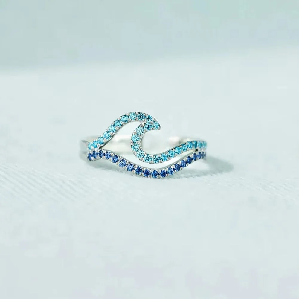 YILUOCD Blue Wave CZ Ring - Adjustable Cubic Zirconia Ocean Inspired Sea Wave Jewelry Gift for Women
