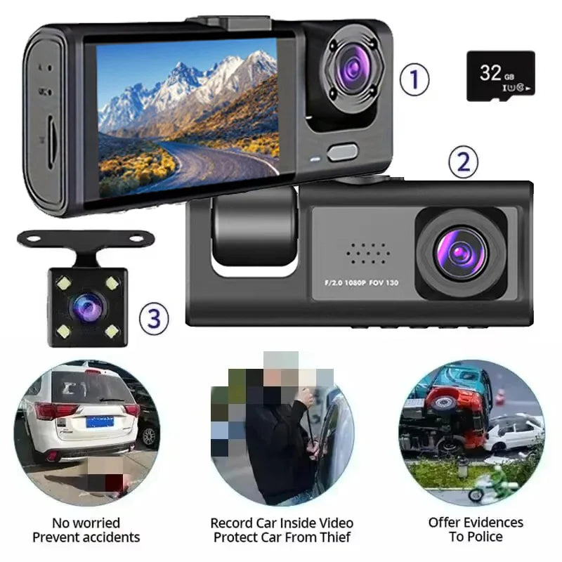 1080P 3-Channel Dash Cam - IR Night Vision, Loop Recording & 2-Inch IPS Screen DVR